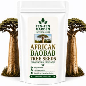 May include: A white resealable pouch of African Baobab tree seeds, labelled Ten-Ten Garden Natural Seeds, featuring a photograph of a baobab tree, the text Adansonia Digitata, and bullet points indicating easy to grow and premium quality.