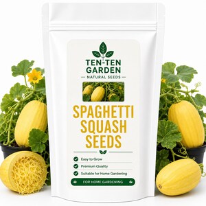 May include: A white resealable pouch of Ten-Ten Garden natural spaghetti squash seeds. The label features a green logo, a photo of yellow squash, and the text: Spaghetti Squash Seeds, Easy to Grow, Premium Quality, Suitable for Home Gardening.