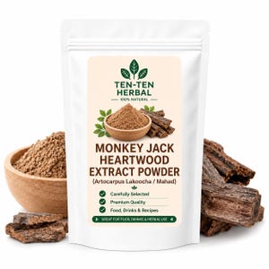 May include: A white stand-up pouch containing Monkey Jack Heartwood Extract Powder. The label features the Ten-Ten Herbal logo, text including Artocarpus Lakoocha / Mahad, and graphics of brown powder in a wooden bowl with dark wood pieces.