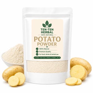 May include: A white packet of "TEN-TEN HERBAL POTATO POWDER" with a beige label, featuring text and green leaf graphics. The packet is surrounded by whole and sliced potatoes and a bowl of potato powder. The text reads "100% Natural", "Premium Quality", and "For food, drinks & herbal use".