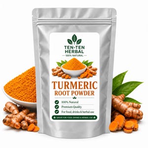 May include: A silver stand-up pouch of Ten-Ten Herbal Turmeric Root Powder. The label features a bowl of orange turmeric powder, fresh turmeric roots, and green leaves. Text includes 100% Natural, Premium Quality, and For food, drinks & herbal use.
