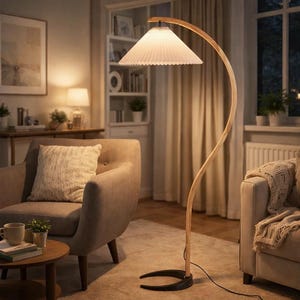 Può includere: Una moderna lampada da terra con struttura in legno chiaro e paralume bianco plissettato. Il design curvo aggiunge un tocco di eleganza al soggiorno. La lampada ha una base nera ed è posizionata vicino a una poltrona beige.