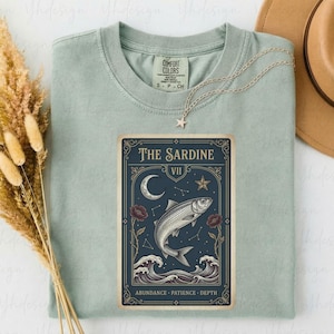 Sardine Tarot Card Shirt, Mystical Ocean Tee, Witchy Fish Shirt, Dark Floral Coastal Tee, Celestial Sardine Gift, Tarot Lover Shirt