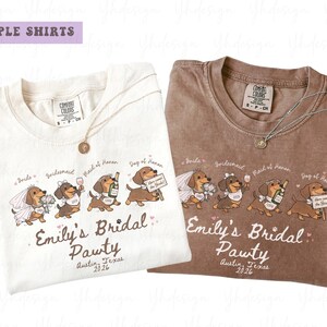 Puede incluir: Dos camisetas Comfort Colors, una blanca y otra marrón, con un diseño de despedida de soltera de perro salchicha. Las camisetas tienen el texto "Emily's Bridal Pawty" y "Austin, Texas 2026". Cada camiseta tiene un collar.