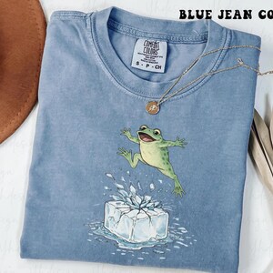 Puede incluir: Camiseta de color azul vaquero con un gráfico de una rana verde saltando sobre un bloque de hielo. La camiseta tiene cuello redondo y mangas cortas. El texto "BLUE JEAN COLOR" está en la parte superior.