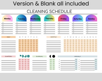 May include: A printable cleaning schedule with a colorful rainbow gradient design. The schedule includes daily, weekly, monthly, quarterly, bi-annual, and annual cleaning tasks.