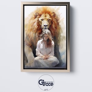 JESUS as Lion Protecting a Woman In PRAYER - Christian Art | Digital Download | Inspirational Decor | Lion of Judah Christian Art Print