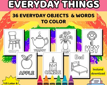 Everyday Things Coloring Book | 36 Everyday Objects & Words to Color | Toddler Learning Activity PDF | Preschool Vocabulary Coloring Pages