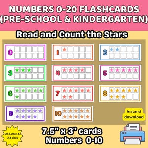 May include: Educational flashcards for preschool and kindergarten, featuring numbers 0-10. Each card, measuring approximately 19cm x 7.6cm, displays a number and stars for counting practice. Designed to help children learn to read and count.