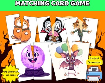 May include: A 30 cute and spooky Halloween matching card game featuring illustrations of a cat in a pumpkin, a vampire with a cupcake, a scarecrow, a crystal ball, and a bat with balloons. Includes US Letter and A4 sizes, 3" x 3" and 5" x 5" cards.