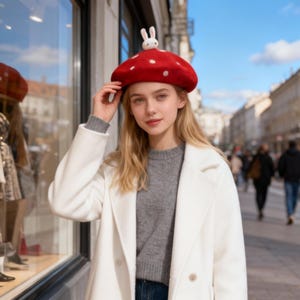 Handmade Wool Felt Mushroom Beret with Red Polka Dot Rabbit | Cottagecore Christmas Unique Gift | Vintage Style Animal Hat Accessory