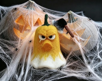 Custom Handmade Needle Felted Angry Yellow Bell Pepper Plush, Crying Halloween Vegetable Figurine with Mini Axe, Funny Spooky Gift