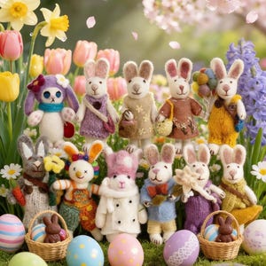 Könnte beinhalten: Handgefertigte Osterhasen-Puppen in verschiedenen Outfits, umgeben von bunten Ostereiern und Körben. Die Szene spielt in einem Garten mit blühenden Blumen wie Tulpen, Narzissen und Hyazinthen und schafft eine festliche Frühlingsatmosphäre.