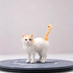 May include: A small, realistic needle-felted cat figurine with white fur and orange patches on its head and tail. The cat is standing in a profile position with its tail held upright, featuring dark eyes, a pink nose, and white whiskers.