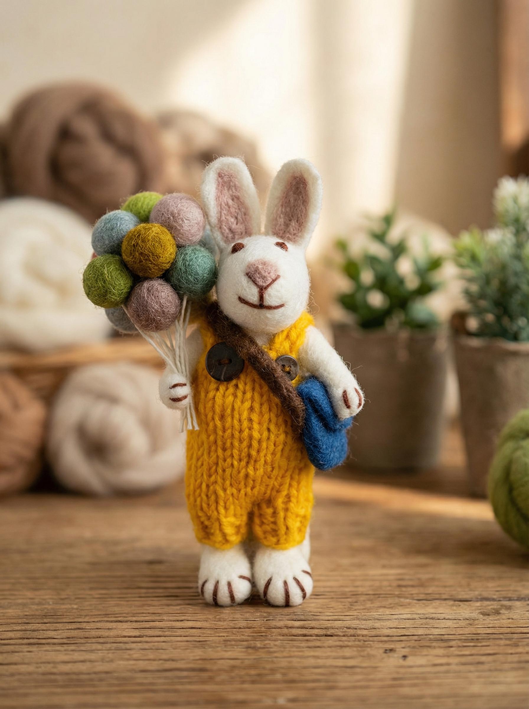 Handmade Wool Felt Rabbit Doll With Yellow Knit Outfit and Colorful ...