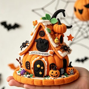 May include: A needle-felted pumpkin house decoration featuring a black door, windows, and a banner with the text "KOLAVMOFTER". The orange structure is adorned with small felt pumpkins, black spiders, green leaves, and white accents on a round base.