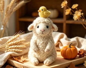 Handmade Needle Felt Lamb with Chick, Autumn Farmhouse Decor, Thanksgiving & Christmas Gift