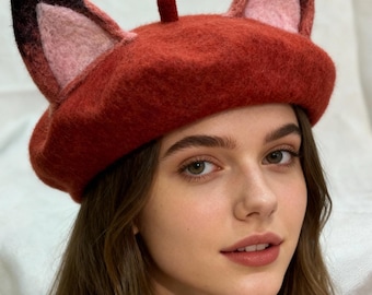 Berretto fatto a mano in feltro di lana con orecchie di volpe / Cappello stravagante per amanti degli animali / Accessorio di moda unico in stile vintage per Halloween e Natale