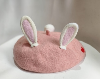 Custom Rabbit Ear Beret | Handmade Wool Felt Hat | Cozy 