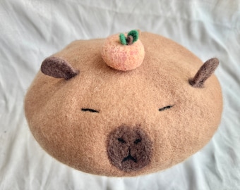 Handmade Wool Felt Cartoon Beret,Funny capybara hat,Handmade Felted Beret,Unique Custom Berets, Wool Felted Beret,DIY Needle Felted Beret