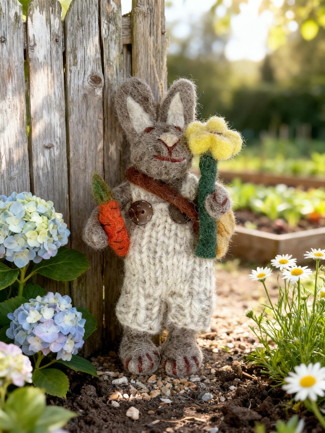 Easter Bunny Ornament - Needle Felted Grey Rabbit With Carrot & Flower ...