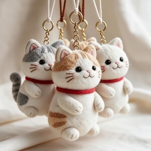 Può includere: Tre ornamenti a forma di gatto in feltro ad ago appesi a catenelle dorate e cordini bianchi. Ogni gatto presenta un corpo rotondo, un collare rosso, occhi neri e baffi ricamati. Un gatto è bianco con macchie grigie, uno è bianco con macchie arancioni.