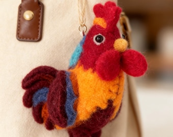 Handmade Wool Felt Rooster Keychain Colorful Folk Art Chicken Plush Keychain with Framed Wall Decor Option Bag Charm Home Decor Gift for Her