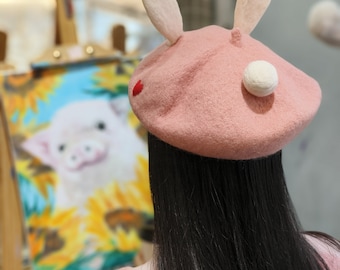 8258 Individual Handmade Bunny Hat Women Teens Beret Wool Felt Cartoon Cosplay Custom Rabbit Ear Beret | Handmade Wool Felt Hat | Cozy  main image 3