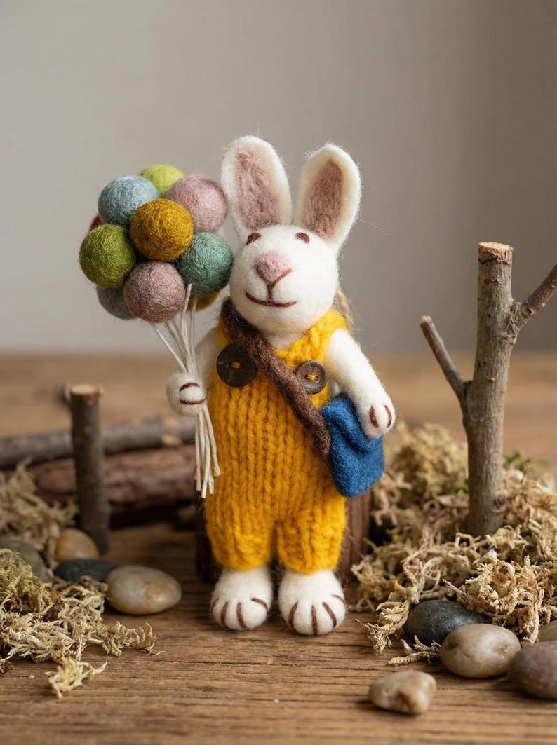 Handmade Wool Felt Rabbit Doll With Yellow Knit Outfit and Colorful ...