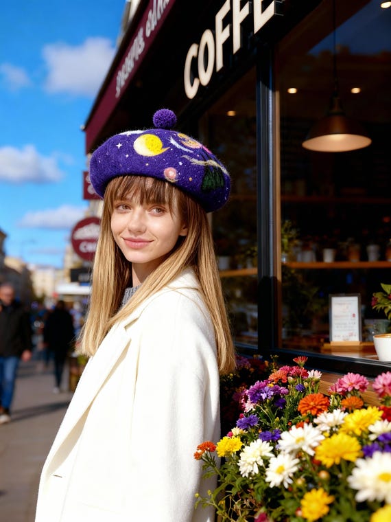 Handmade Wool Felt Beret with Blue Space Galaxy Design | Fashion Forward Statement Piece | Unique  Fashion Accessory | Custom Cosmic Hat