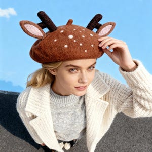 Handgemachte Wolle Reindeer Beret | Lustiges Tier Weihnachtsgeschenk | Vintage Style Hut für Frauen Urlaub Stocking Stuffer vorhanden
