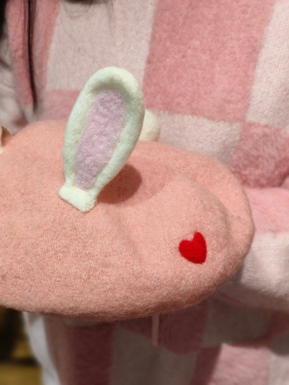 1389 Individual Handmade Bunny Hat Women Teens Beret Wool Felt Cartoon PINK CUTE BUNNY HANDMADE WOOL FELT BERET HAT BY51002 | aleeby main image 2