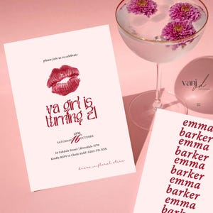 Trendy 21. Geburtstagseinladungsvorlage, ästhetische Party mit rosa Schleife, moderne minimalistische Geburtstagskarte, bearbeitbarer Canva-Download