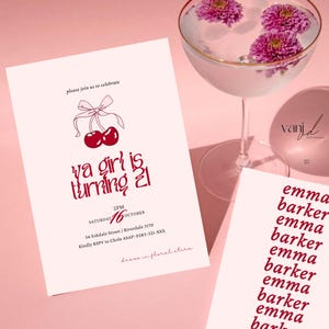 Trendy 21. Geburtstagseinladungsvorlage, ästhetische Party mit rosa Schleife, moderne minimalistische Geburtstagskarte, bearbeitbarer Canva-Download