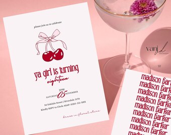 Editable 21st Birthday Invitation, Pink Bow &amp; Cherry Design, Digital ...