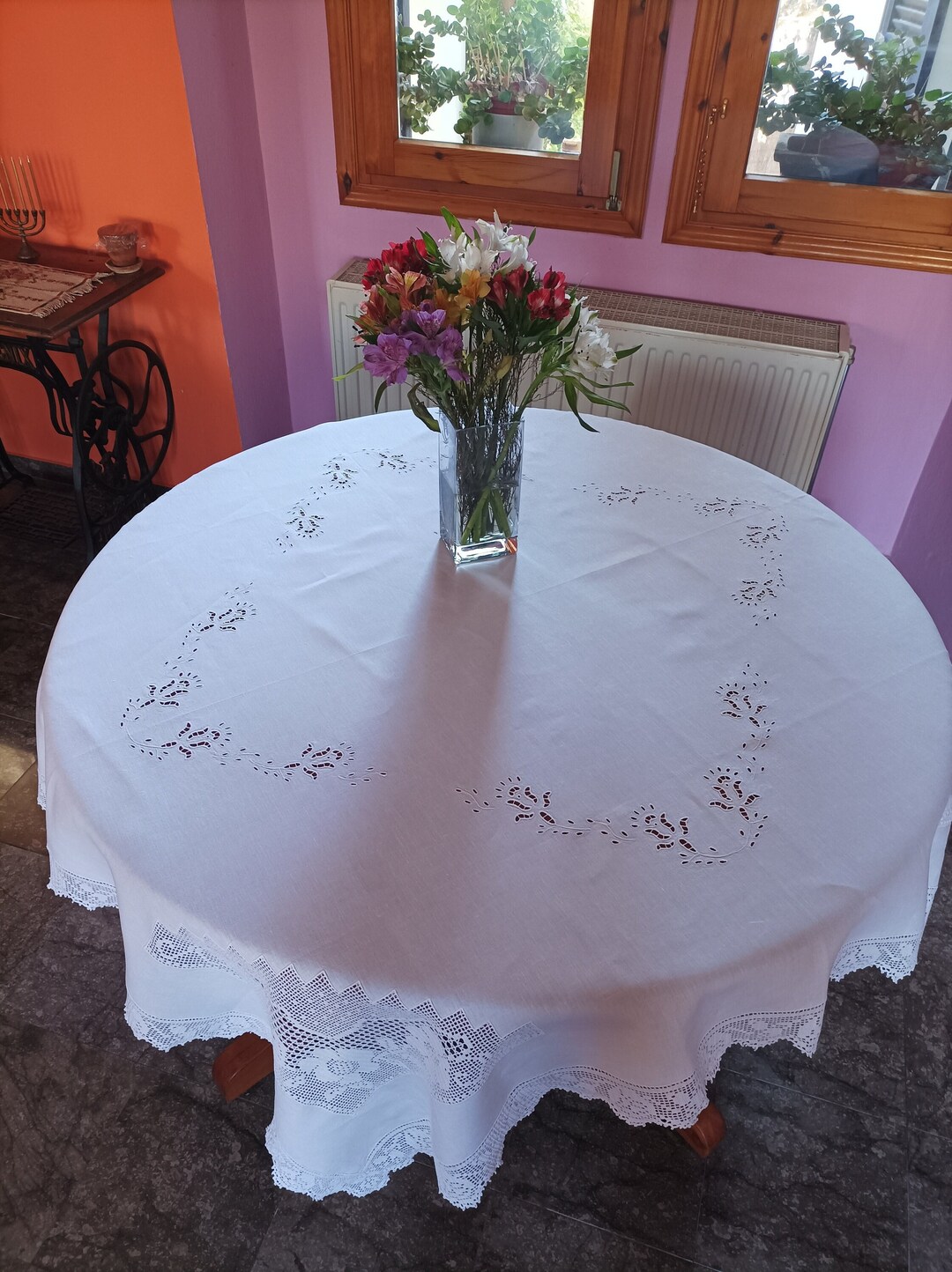 LA 012420 Ourdowry, Tablecloth, Vintage, Crochet, Azur, Linen, Cotton ...
