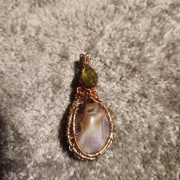 Chevron amethyst and peridot wire wrapped pendant with annealed copper filigree