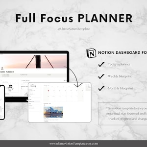 Op de afbeelding: Een computerscherm dat een Notion-dashboard weergeeft met de tekst "Full Focus Planner" en "ADHD Planner". Het dashboard bevat een kalender, een takenlijst en een sectie voor notities. De tekst "Notion Dashboard Focus" wordt weergegeven in een vak met een vinkje naast de tekst "Today's planner", "Weekly blueprint" en "Monthly blueprint". De tekst "Deze Notion-sjabloon helpt je om georganiseerd te blijven, gefocust te blijven en je voortgang en veranderingen bij te houden." wordt onder de vinkjes weergegeven.