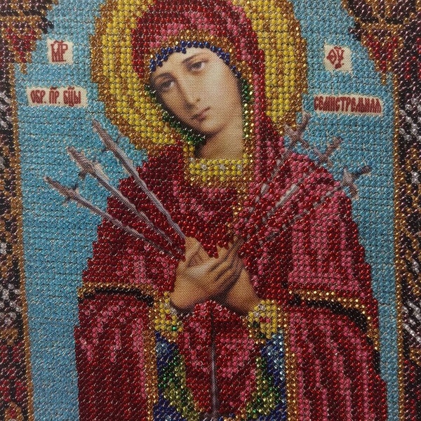 Ready-made embroidered icon of the Mother of God of Seven Arrows, handmade