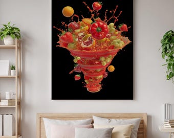 Könnte beinhalten: Ein Wandkunstdruck mit einem dynamischen Wirbel aus roter Flüssigkeit, der nach oben spritzt und verschiedene Früchte und Gemüse wie Erdbeeren, Weintrauben, einen Granatapfel, eine rote Paprika und Orangen vor schwarzem Hintergrund enthält.