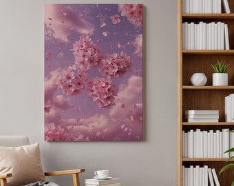 Könnte beinhalten: Ein rechteckiger Wandkunstdruck mit einer Ansammlung zartrosa Kirschblüten, die vor einem verträumten, violett getönten Himmel mit verstreuten Blütenblättern und Wolken schweben. Das Kunstwerk zeigt ein zartes Blumenarrangement im Hochformat.