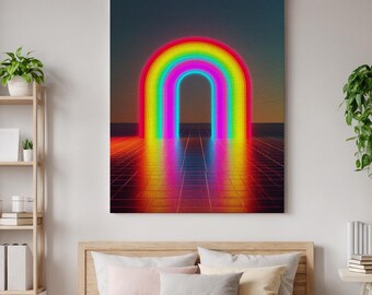 Könnte beinhalten: Ein rechteckiger Wandkunstdruck mit einem leuchtenden, neonfarbenen Regenbogenbogen, der auf einem dunklen, reflektierenden Gitterboden steht. Das lebendige Farbspektrum reicht von Rot über Gelb und Grün bis Blau und erzeugt einen Lichteffekt.