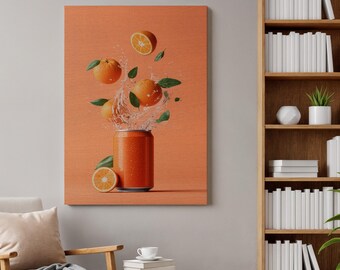 Könnte beinhalten: Ein rechteckiger Leinwanddruck als Wandkunst mit einem leuchtend orangefarbenen Hintergrund und einer zentralen Orangen-Getränkedose. Frische Orangen, grüne Blätter und dynamische Wasserspritzer spritzen aus der Dose, eine Scheibe liegt davor.