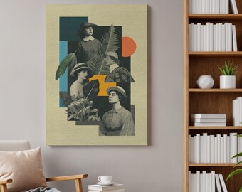 Könnte beinhalten: Ein rechteckiger Wandkunstdruck mit einer Collage aus schwarz-weißen Vintage-Porträts von Personen mit Hüten, überlagert von geometrischen Formen in Blau, Orange und Gelb, akzentuiert durch grüne tropische Blattillustrationen auf beigem Hintergrund.