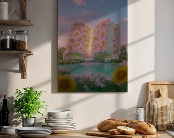 Könnte beinhalten: Ein rechteckiger Wandkunstdruck, der ein offenes Buch mit Seiten aus rosa Blumen über einem ruhigen türkisfarbenen Teich zeigt. Die Szene umfasst ein Feld mit gelben Sonnenblumen und rosa Blüten unter einem sanften violetten und blauen Abendhimmel.