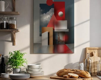 Könnte beinhalten: Ein rechteckiger Wandkunstdruck mit einer geometrischen Komposition aus roten, blauen und grauen Formen, darunter ein rotes Dreieck, ein roter Kreis, ein weißer Kreis und ein rechteckiges Feld mit bewölktem Himmel und einer Gebäudesilhouette.