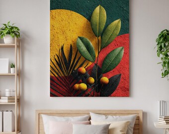 Könnte beinhalten: Ein rechteckiger Wandkunstdruck mit einem strukturierten Hintergrund aus überlappenden gelben, dunkelgrünen und roten kreisförmigen Formen. Die Komposition zeigt einen zentralen Zweig mit grünen Blättern und mehreren kleinen, runden, gelb-orangen Früchten.