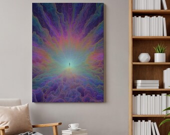 Könnte beinhalten: Ein rechteckiger Wandkunstdruck mit einer lebendigen, abstrakten Landschaft aus wirbelnden Wolken in Violett-, Blau- und Orangetönen. Eine winzige, einsame Silhouette steht in der Mitte, umgeben von strahlendem Licht und komplexen Linienmustern.