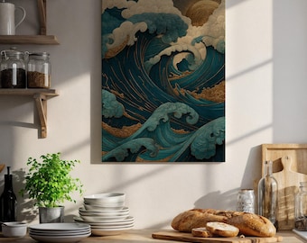 Könnte beinhalten: Ein rechteckiger Wandkunstdruck mit einer stilisierten Ozeanszene mit tiefblauen und türkisfarbenen Wellen, komplizierten goldenen Liniendetails und einer großen goldenen Sonne, die teilweise von Wolken verdeckt wird, in einem geschichteten, texturierten Stil.