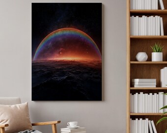 Könnte beinhalten: Ein rechteckiger Wandkunstdruck mit einer dunklen, kosmischen Landschaft und einem leuchtenden, mehrfarbigen Regenbogen, der sich über einen texturierten, schattigen Horizont wölbt. Die Szene zeigt eine Weltraumatmosphäre mit Sternen und orangefarbenem Licht.
